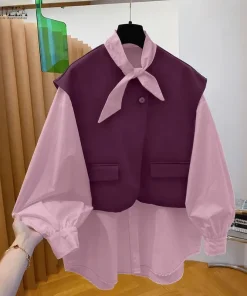 ZANZEA Women's Fashion Tie Neck Blouses Woolen Fabric Patchwork Long Sleeve Tops Streetwear Spring Summer Shirts Woman Clothes - Image 4