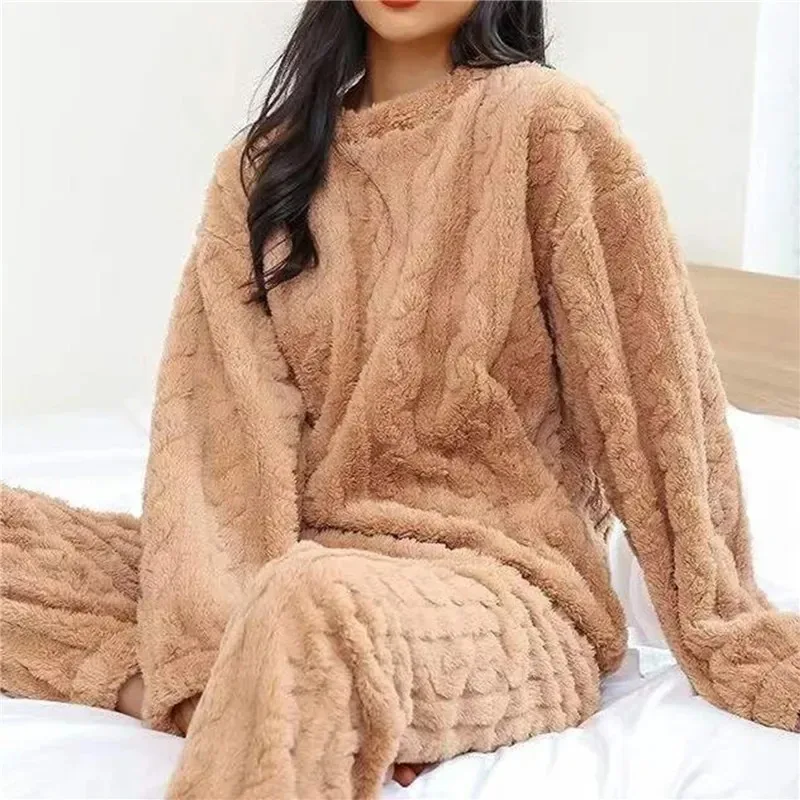 Soft Coral Velvet Jacquard Warm Pajama Set for Women Cozy Loungewear Outerwear for Winter Christmas Back to School Gift - Image 3