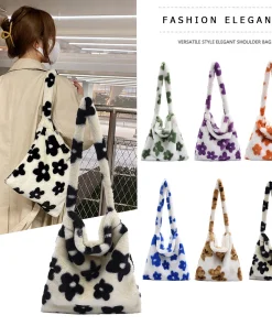 Women Cute Shoulder Bags Fluffy Flower Crossbody Bags Autumn Winter Plush Tote Handbag Large Capacity Fashion Messenger Bag - Image 4
