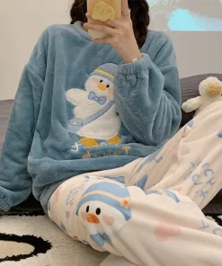 Large Size Thickened Warm Sleepwear for Winter Flannel Women Nightwear Homewear Ladies Cartoon Pajamas Loungewear Two-Piece Suit - Image 6