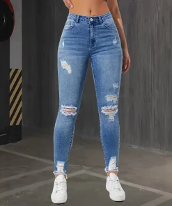 Fashion Skinny Hole Jeans Women 2025 Autumn Stretchy High Waisted Ripped Slim Retro Solid Color Denim Trousers Pants - Image 4