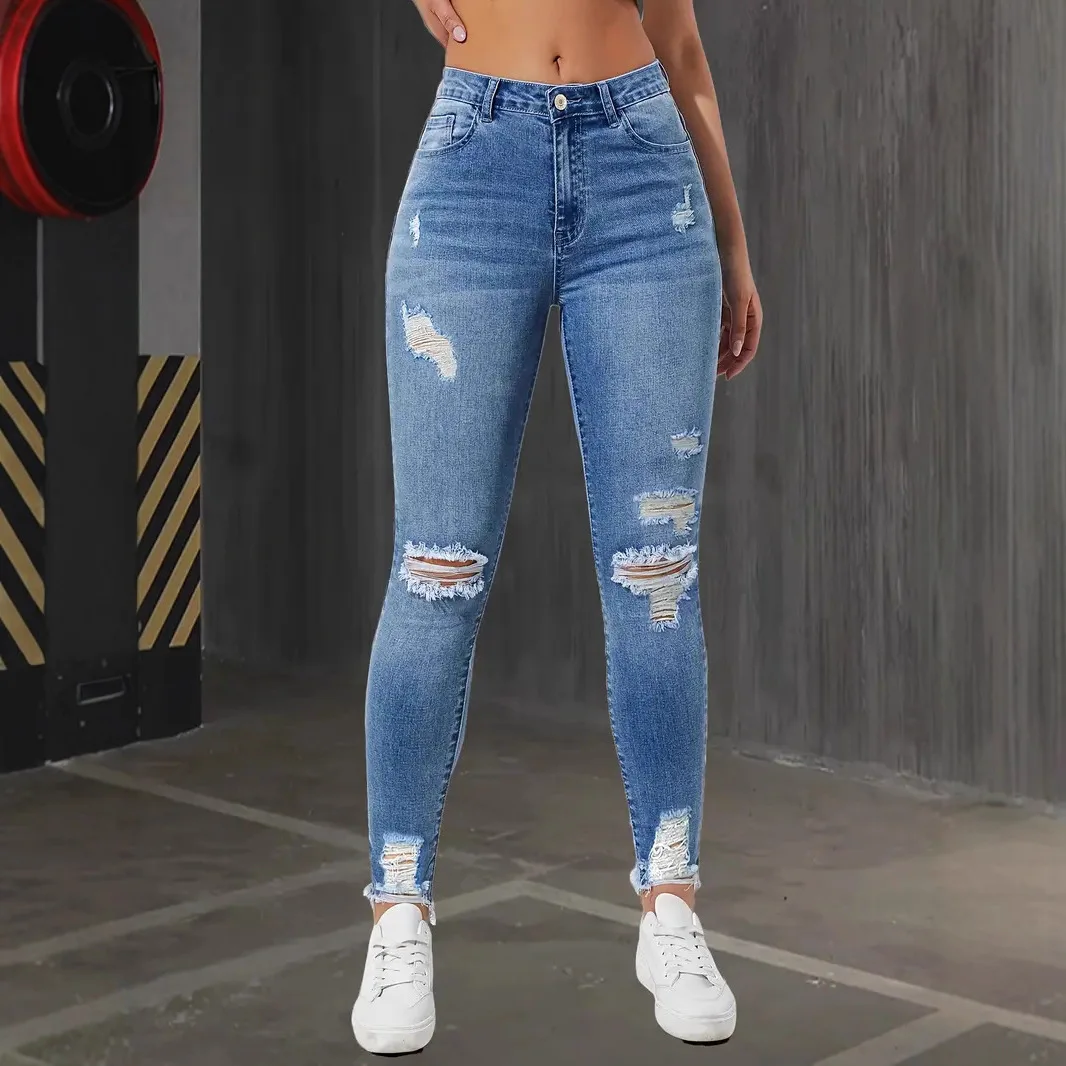 Fashion Skinny Hole Jeans Women 2025 Autumn Stretchy High Waisted Ripped Slim Retro Solid Color Denim Trousers Pants - Image 4
