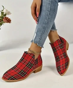 Ankle Boots Women's Christmas Plaid Print Zipper Retro Red Plaid Chelsea Boots Outdoor Platform Shoes Classic Side Booties - Image 6