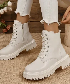 Winter Warm Short Plush Ankle Boots Women Fashion Zip Lace Up Platform Combat Boots Woman Comfy Low Heels Pu Leather Botas Mujer