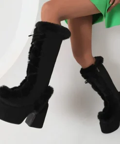 GIGIFOX Fur Super Chunky High Heel Platform Mid-Calf Boots For Women Faux Suede Round Toe Side Zipper Lace-Up Warm Casaul Boots - Image 4