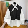 ZANZEA Women's Fashion Tie Neck Blouses Woolen Fabric Patchwork Long Sleeve Tops Streetwear Spring Summer Shirts Woman Clothes