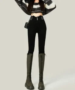 Alternative view of High Waisted Plush Lined Jeans for Women Tight Stretch Denim Pencil Pants Autumn Winter 2025 New Slimming Style