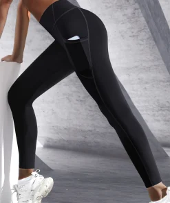 New High Waist Women's Leggings Stretch Yoga Pants Tights With Pockets Push Up Fitness Running Sportswear Solid Color Pants - Image 3