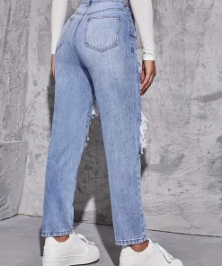Alternative view of 2025 Women's New Denim Pants, High Waisted Straight Leg, Perforated, Casual Style, Fashionable and Versatile