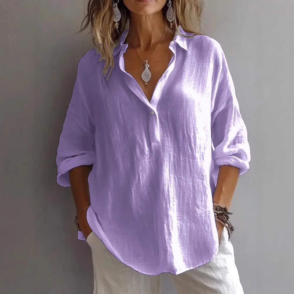 VEITCHE Spring Summer Fashion Women Shirt Turn-Down Collar Lace Up Loose Blouses Female Casual Trendy Solid color Loose Top - Image 4