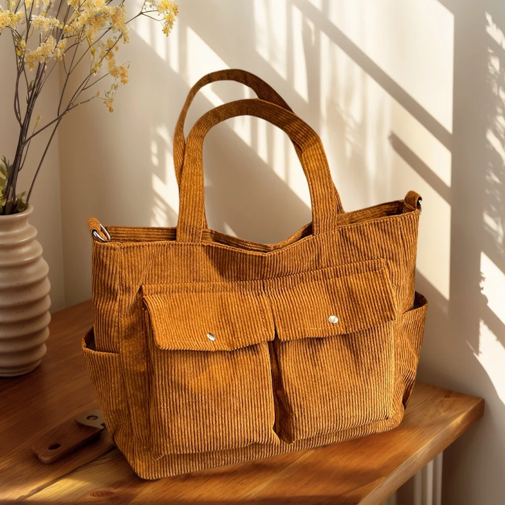 New Vintage Multi Pocket Corduroy Handbag Large Capacity Women's Shoulder Bag Casual Crossbody Bag For Women Commuting