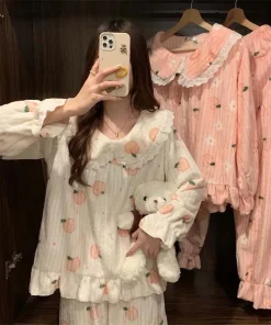 Warm Sleepwear Small Bear Peach Coral Velvet Two-Piece Set Women Pajamas Autumn and Winter Thickening Home Wear School Sleepwear
