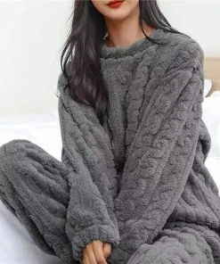Soft Coral Velvet Jacquard Warm Pajama Set for Women Cozy Loungewear Outerwear for Winter Christmas Valentine's Day Gift - Image 4