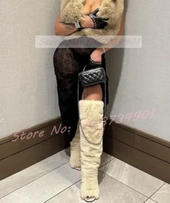 Alternative view of Open Toe Over The Knee Boots Women Big Size Fashion Slip-On Fluffy Fur Warm Comfortable High Heels Shoes Lady Nifty Sexy Boots