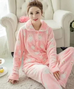 Thickened Flannel Coral Fleece Sleepwear Long Sleeve Home Clothes Set for Women Winter Warm Cozy Two-Piece Suit Comfortable Paja - Image 5