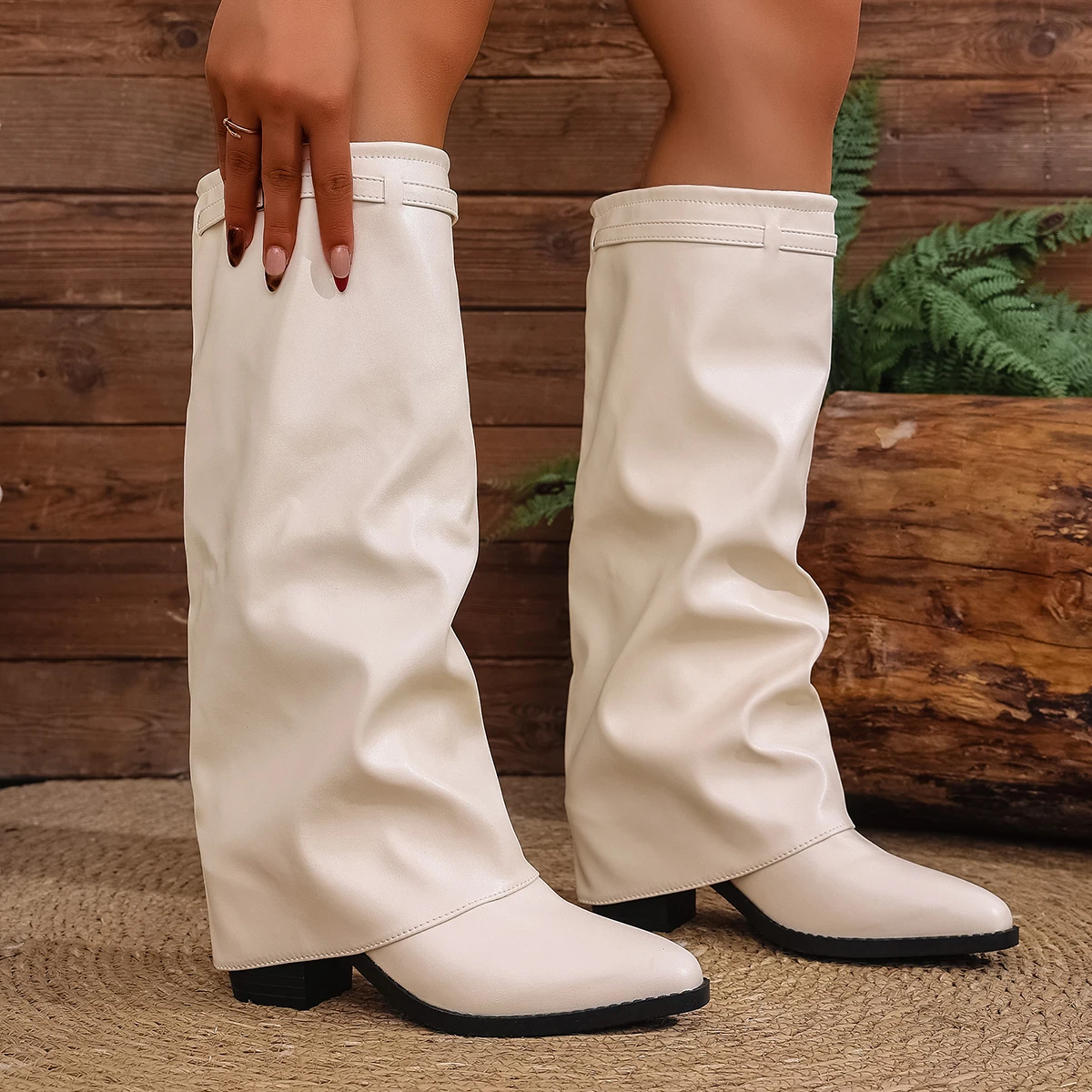 2026 Fashion Fold Over Knee High Boots for Women Slip On Chunky High Heel Shark Boots Woman Wide Leg PU Leather Long Botas Mujer - Image 4