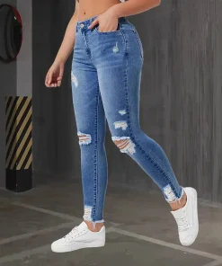 Fashion Skinny Hole Jeans Women 2025 Autumn Stretchy High Waisted Ripped Slim Retro Solid Color Denim Trousers Pants - Image 3