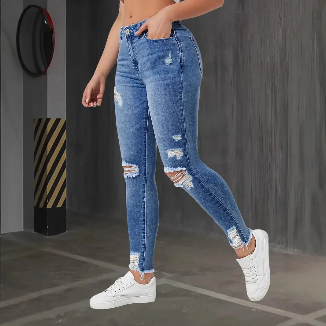 Fashion Skinny Hole Jeans Women 2025 Autumn Stretchy High Waisted Ripped Slim Retro Solid Color Denim Trousers Pants - Image 3