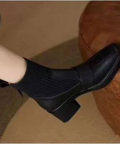 2025 Winter French Style Knitted Cuff Short Boots for Women - Square Toe Chunky Heel Slim-Fit, Elastic High Heel Boots - Image 5