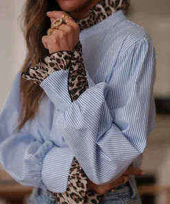 Autumn New Arrivals: Women's Elegant Casual Striped Leopard Print Patchwork Blouse - Suitable for All Seasons