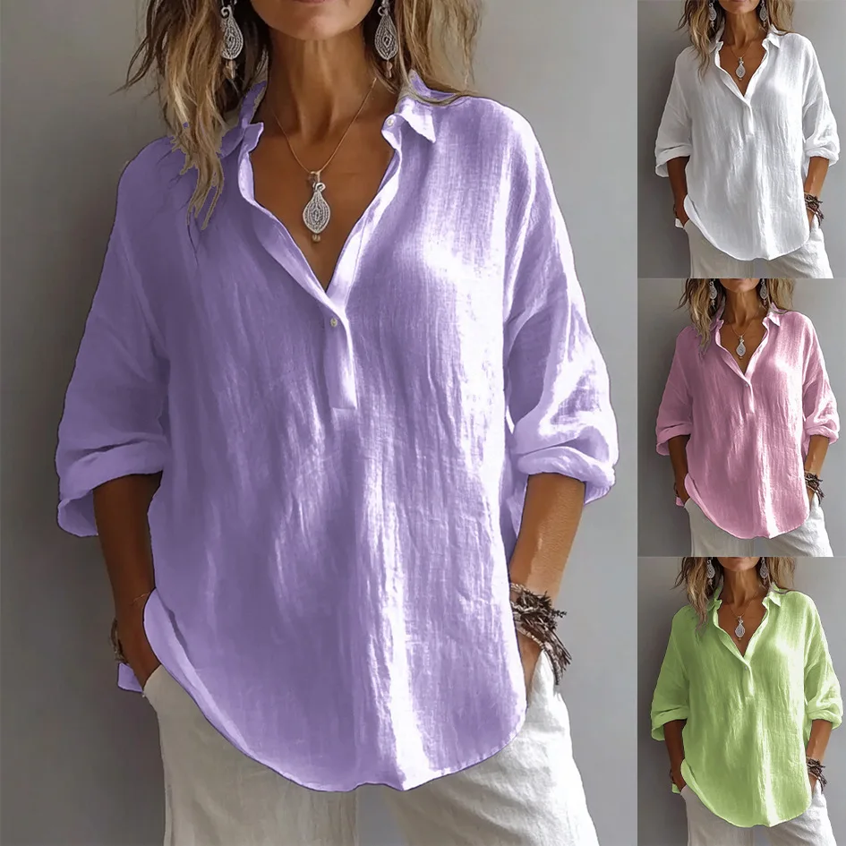 VEITCHE Spring Summer Fashion Women Shirt Turn-Down Collar Lace Up Loose Blouses Female Casual Trendy Solid color Loose Top