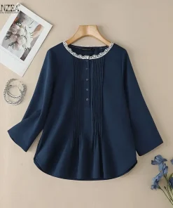 ZANZEA Women's Pintuck Navy Blouses Summer Casual 3/4 Sleeve Lace Trim O-Neck Solid Color Half Button Shirts Woman Clothes S-3XL