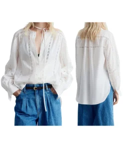 Women s Casual V-Neck Long Sleeve Button Down Shirt with Lace Detailing and Balloon Sleeves - Stylish Fall Blouse