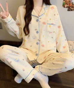 Two-Piece Set Ladies Pajamas Set Long-Sleeved Cartoon Sweet Cute Print Cardigan Home Wear Simple Sleepwear Winter Autumn New