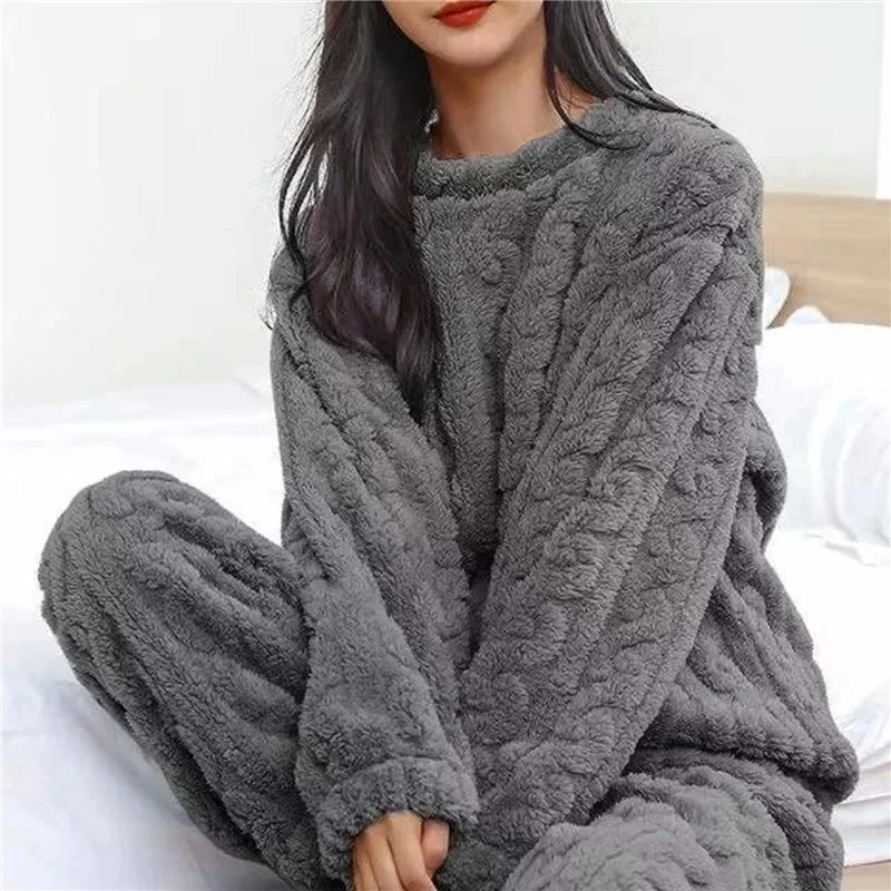 Soft Coral Velvet Jacquard Warm Pajama Set for Women Cozy Loungewear Outerwear for Winter Christmas Back to School Gift - Image 4