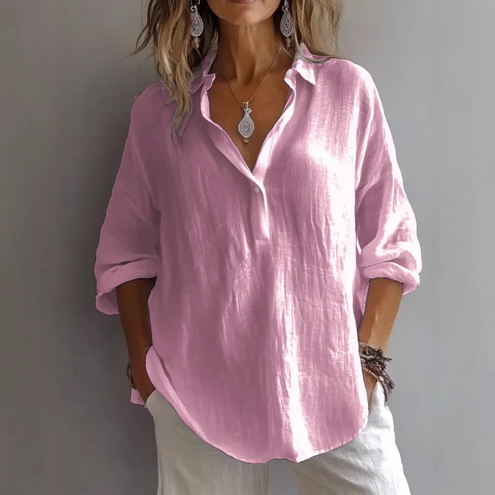 VEITCHE Spring Summer Fashion Women Shirt Turn-Down Collar Lace Up Loose Blouses Female Casual Trendy Solid color Loose Top - Image 5