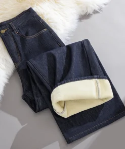 Winter Fleece Lined Jeans for Woman Y2k Pants 2025 Wide Leg Blue Loose Straight Trousers Pear Shape Body Comfort Fashion Trend