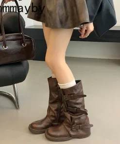 Autumn Winter Vintage Woman Knight Knee High Boots Shoes Ladies Elegant Thick Low Heel Belt Buckle Western Cowboy Botas - Image 3