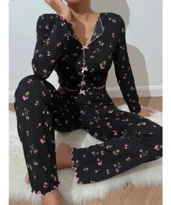 Autumn Winter Floral Print Pajamas Set for Women Sleepwear Long Sleeve Top and Long Pants 2 Piece Casual Homewear Loungewear - Image 6