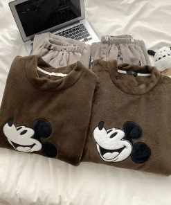 Disney Mickey Couples Pajamas Set Winter Warm Coral Fleece Flannel Sleepwear Loungewear Two Piece Brown Home Outfit - Image 5
