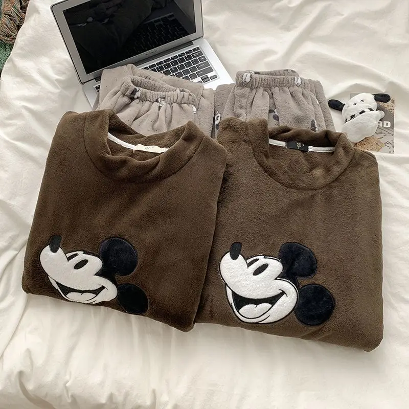 Disney Mickey Couples Pajamas Set Winter Warm Coral Fleece Flannel Sleepwear Loungewear Two Piece Brown Home Outfit - Image 5