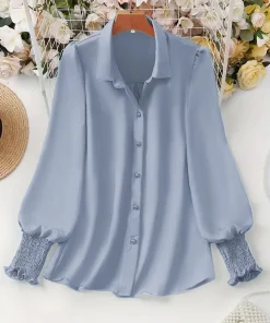 Alternative view of Plus Size 2025 Spring and Summer New Women's Casual Puff Sleeve Blouse Solid Color Suitable for Office Outdoor Single Breasted