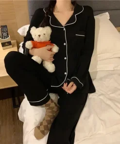 Alternative view of Korean Style Cute Pajama Woman Winter Autumn Sleepwear Lady Long Sleeve Tops Pants 2Piece Pyjamas Solid Lingeries Sets Nightwear