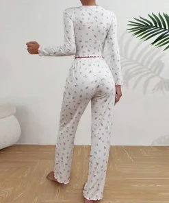 Autumn Winter Floral Print Pajamas Set for Women Sleepwear Long Sleeve Top and Long Pants 2 Piece Casual Homewear Loungewear - Image 3