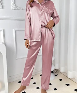 Ladies' autumn and winter solid color imitation silk comfortable and elegant purple pajamas women's long sleeved home suit set - Image 5