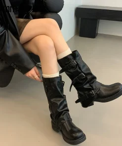 Autumn Winter Vintage Woman Knight Knee High Boots Shoes Ladies Elegant Thick Low Heel Belt Buckle Western Cowboy Botas - Image 4