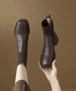 2025 Winter French Style Knitted Cuff Short Boots for Women - Square Toe Chunky Heel Slim-Fit, Elastic High Heel Boots