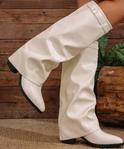 2026 Fashion Fold Over Knee High Boots for Women Slip On Chunky High Heel Shark Boots Woman Wide Leg PU Leather Long Botas Mujer - Image 6
