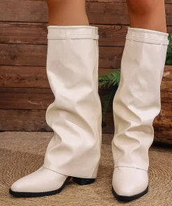 2026 Fashion Fold Over Knee High Boots for Women Slip On Chunky High Heel Shark Boots Woman Wide Leg PU Leather Long Botas Mujer - Image 5