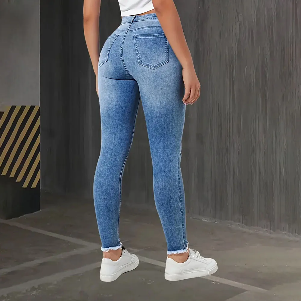 Fashion Skinny Hole Jeans Women 2025 Autumn Stretchy High Waisted Ripped Slim Retro Solid Color Denim Trousers Pants - Image 5