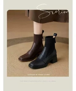 2025 Winter French Style Knitted Cuff Short Boots for Women - Square Toe Chunky Heel Slim-Fit, Elastic High Heel Boots - Image 3