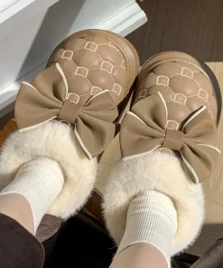 Platform Ankle Boots Female Bowknot Designer Winter Snow Booties Indoor Fluffy Slippers Women House Flats Fashion Footwear Warm - Image 4