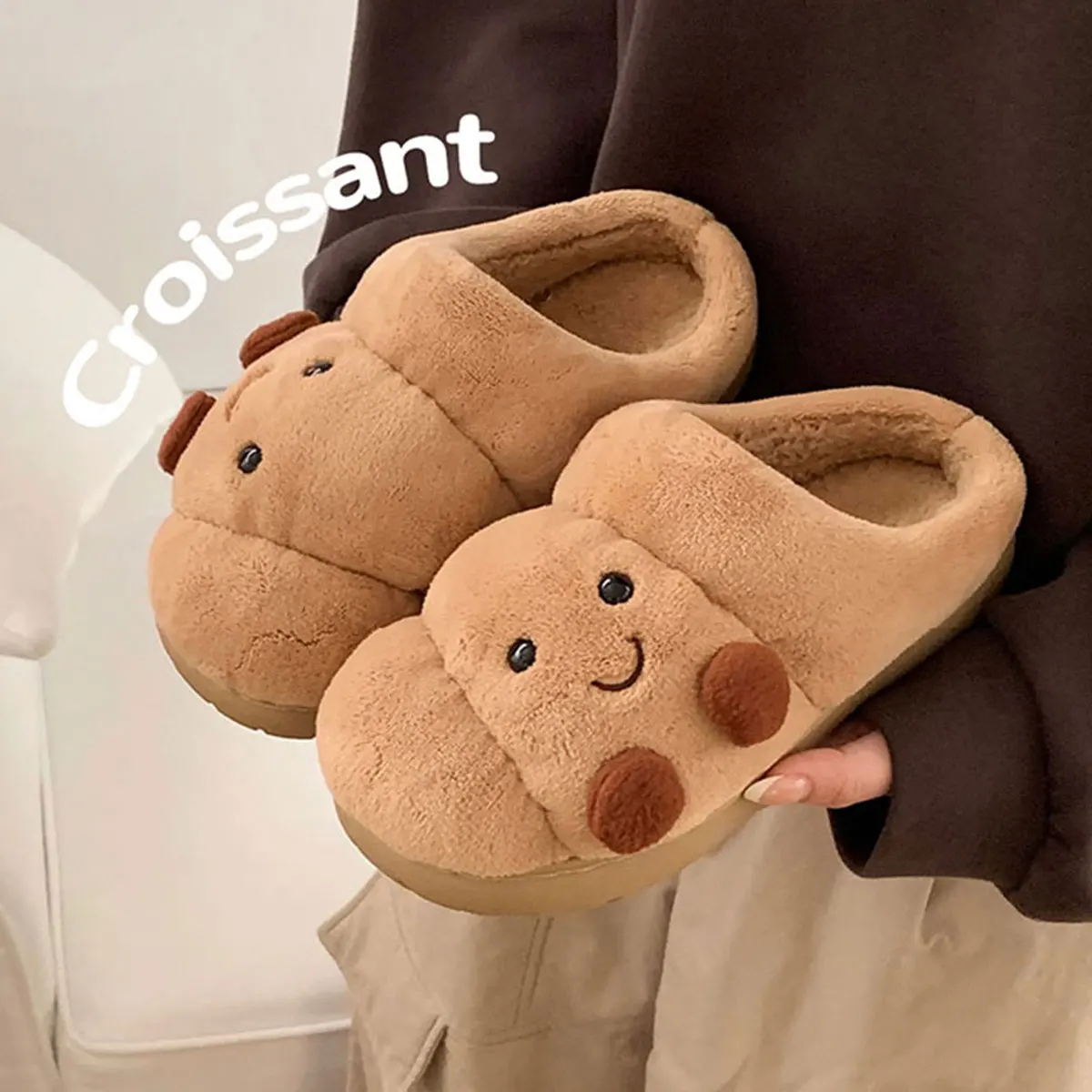 Fun Croissant Bread Cotton Slippers for Men and Women, Winter Couple Home Use, Thick-Soled Non-Slip Home Slippers for Women - Image 5