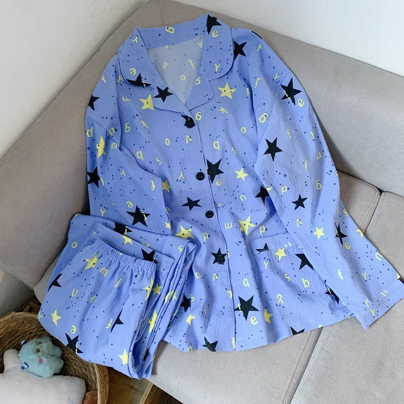 M-5XL Plus Size Star Pajamas Set Women Fall Winter Cute Sweet Loose Home Wear Lightweight Loose Pijama De Oversize Sleepwear