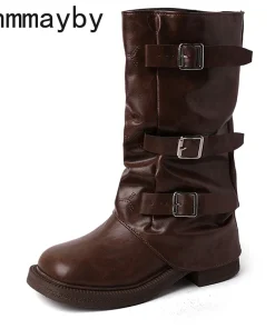 Autumn Winter Vintage Woman Knight Knee High Boots Shoes Ladies Elegant Thick Low Heel Belt Buckle Western Cowboy Botas - Image 6