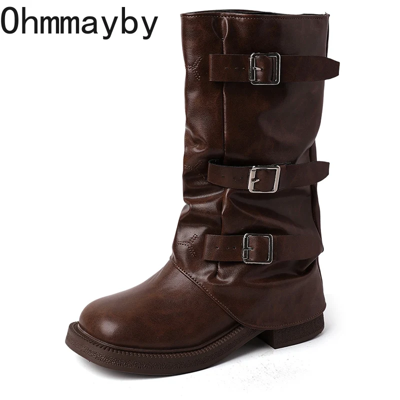 Autumn Winter Vintage Woman Knight Knee High Boots Shoes Ladies Elegant Thick Low Heel Belt Buckle Western Cowboy Botas - Image 6